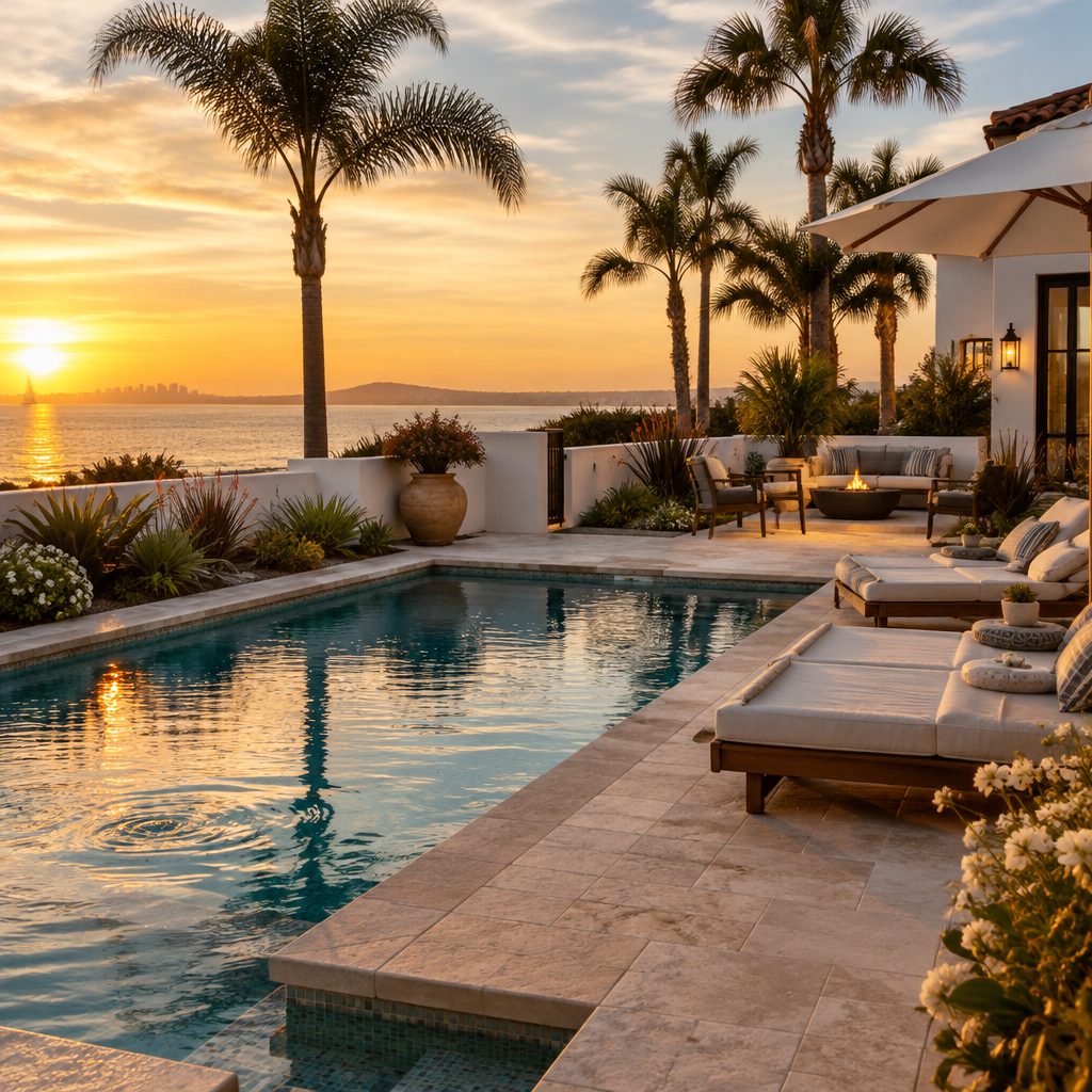 Resort-style Coronado backyard with a pool, stone pavers and coastal planting at golden hour