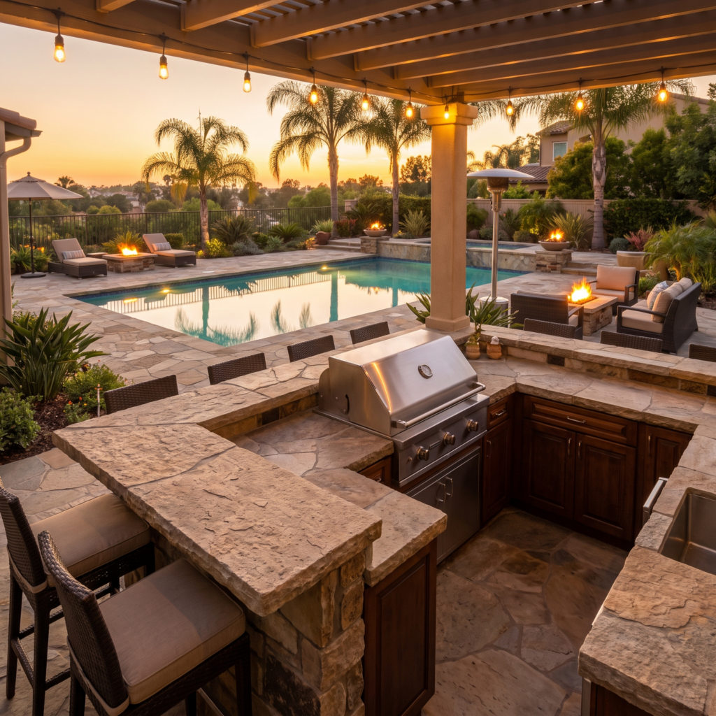 Luxury San Diego backyard outdoor kitchen with stone counters, grill, and bar seating at golden hour
