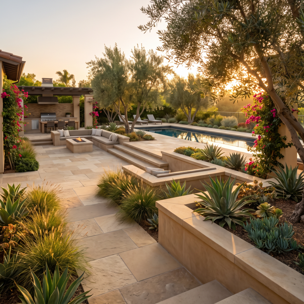Luxury San Diego backyard at golden hour with large-format pavers meeting layered drought tolerant planting and olive trees
