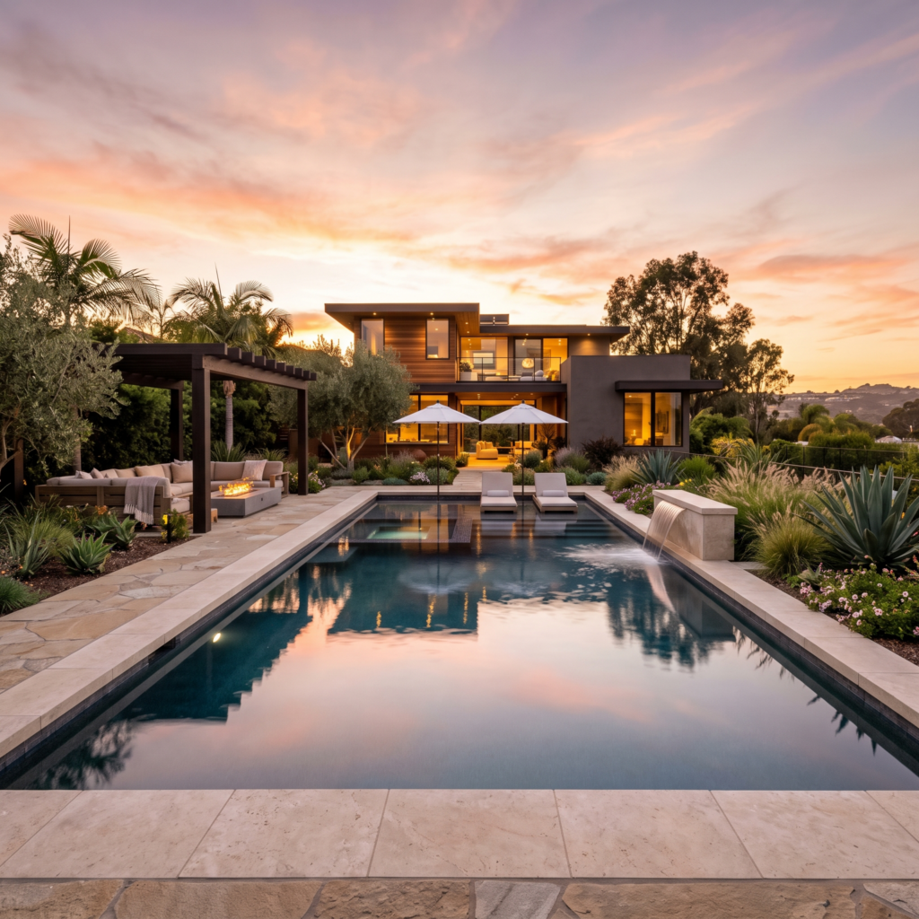Newly finished custom pool in a luxury San Diego backyard at golden hour with limestone coping