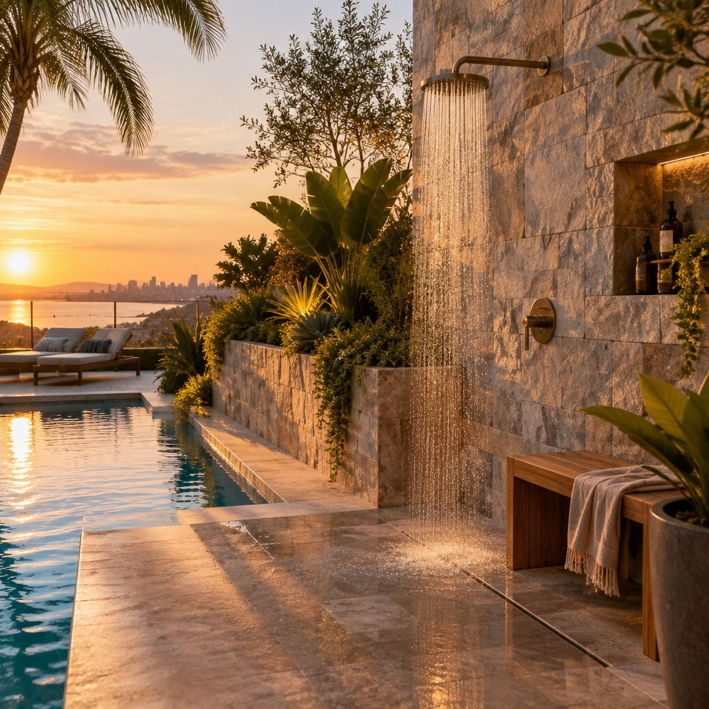 Resort-style outdoor shower beside a pool in a luxury San Diego backyard