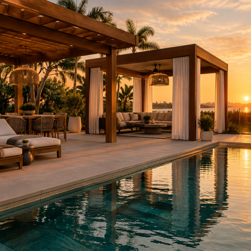 Luxury San Diego backyard with a wood pergola and linen cabana beside a pool at golden hour