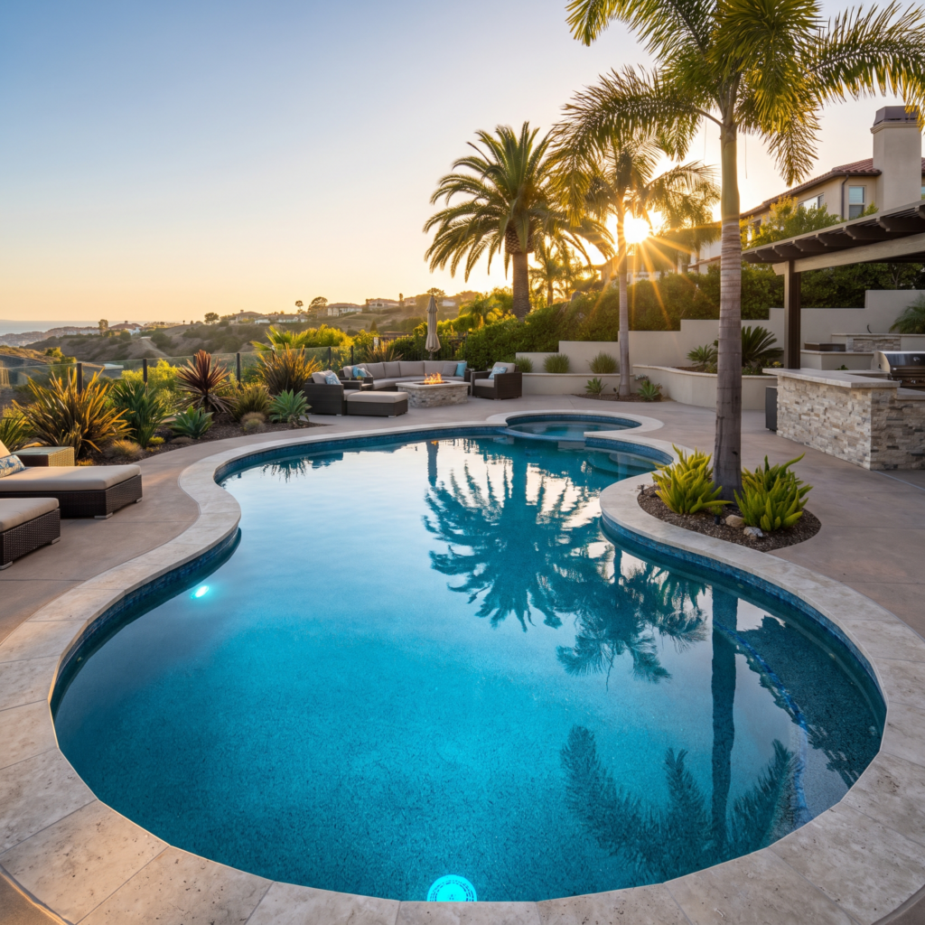 Luxury San Diego backyard pool with a smooth quartz finish glowing aqua blue at golden hour