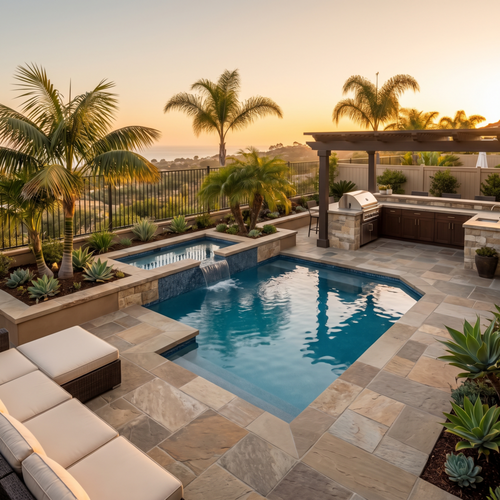 Luxury San Diego backyard with pool, spa, and outdoor kitchen on a standard residential lot
