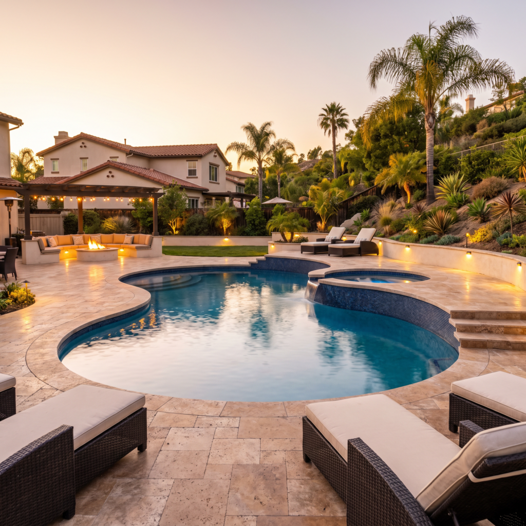 Renovated luxury San Diego pool and spa with tile waterline, travertine deck and lounge seating at golden hour