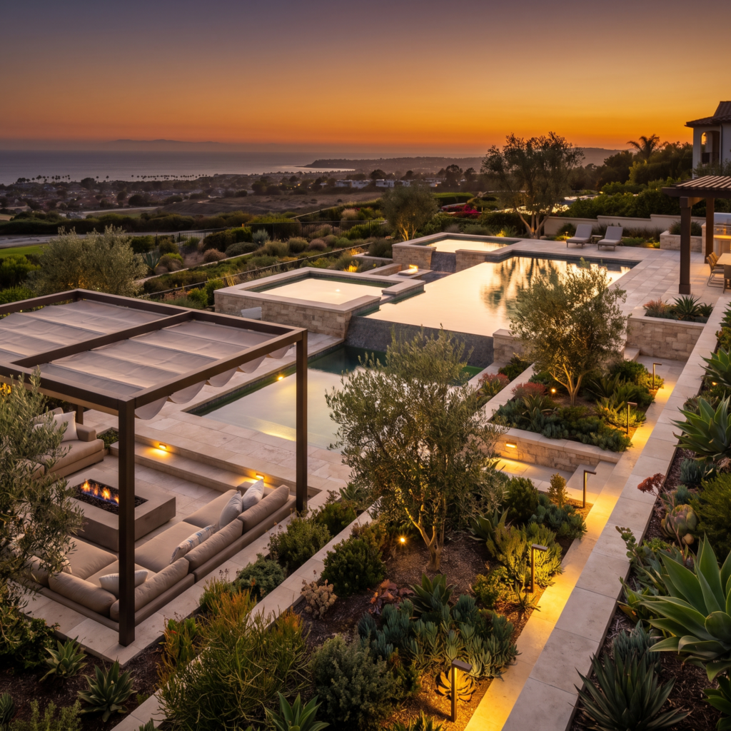 Luxury San Diego backyard with a layered pool terrace, lounge seating, tiered planting, and warm lighting at golden hour