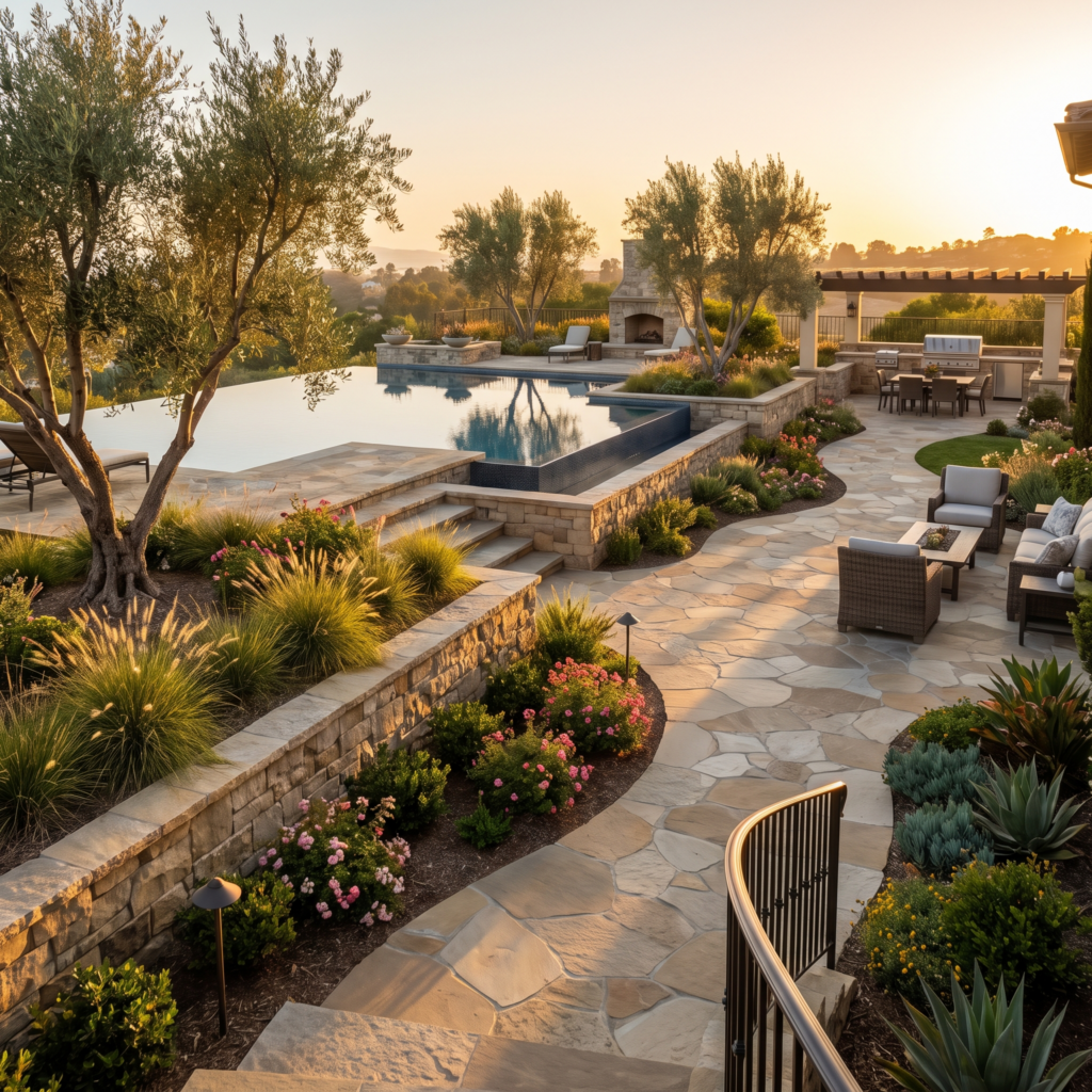 Luxury San Diego backyard with layered planting, olive trees, ornamental grasses and warm stone terraces at golden hour