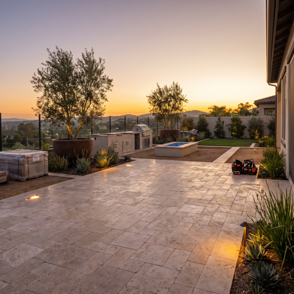 Finished luxury San Diego backyard with travertine pavers, planting, and landscape lighting at golden hour